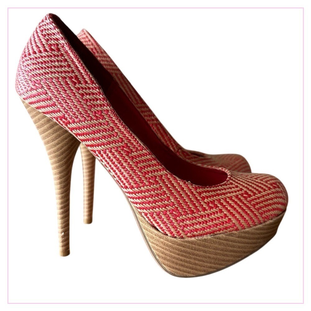 Worn once! Pinkish red & cream design. Faux wood‎ 4 inch heels with 1 inch plat